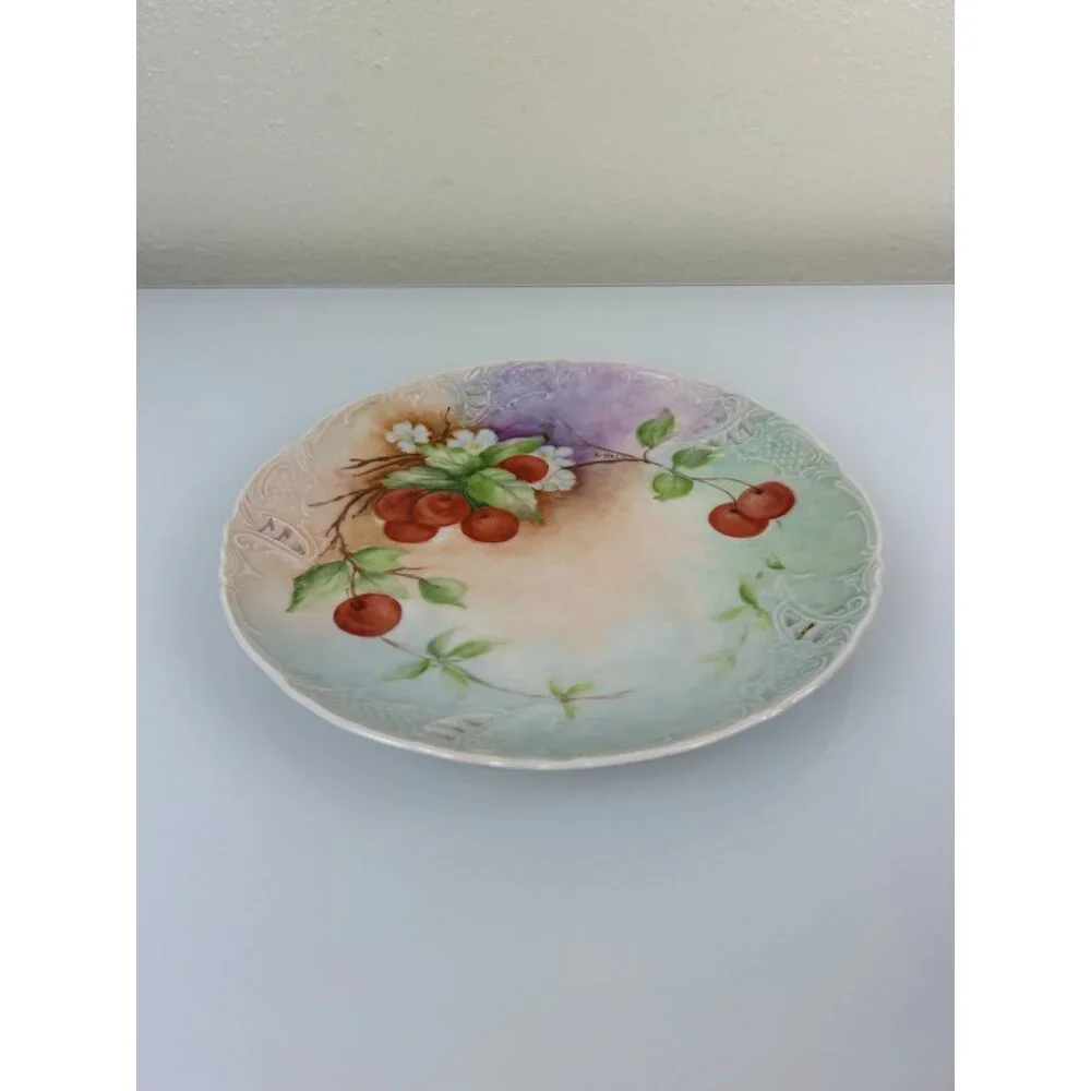 Vintage L Hall Hand Painted Reticulated Cherry Cherries Plate, Colorful 8.75